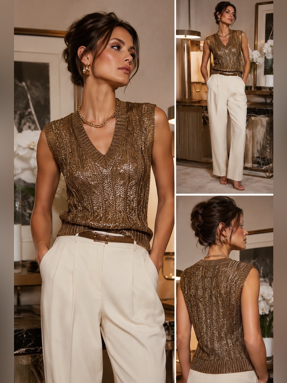Oscar de la Renta Metallic Silk Cable Knit Sweater Vest Gold Bronze Italy XS